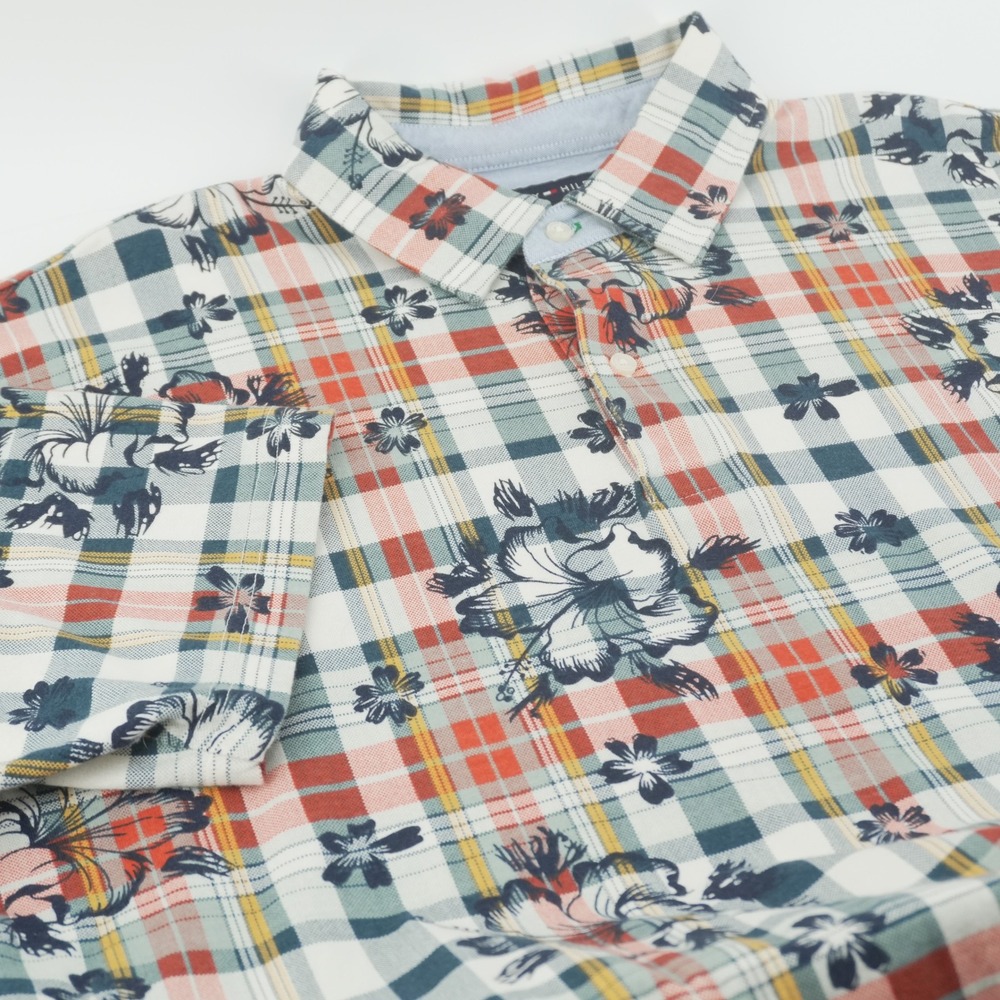 Tommy Hilfiger Polo Shirt Mens XL Multicolor Plaid Hibiscus Floral Cotton